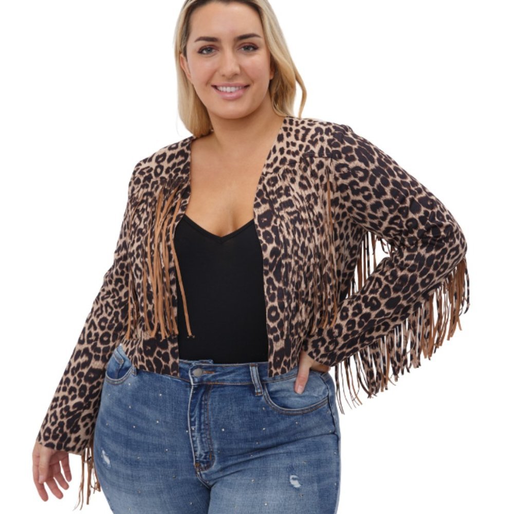 VOCAL APPAREL Fringe Cropped Leopard Print Western Jacket Plus Size 1X NWT